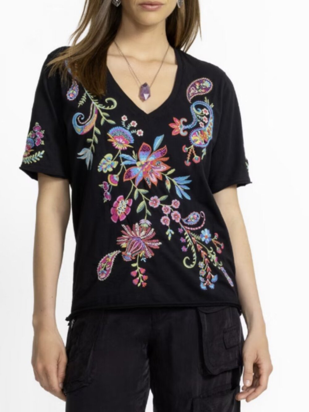 Johnny Was Raw Hem V‑Neck Tee Shirt Karime Black Size XS NWT $138 MSRP